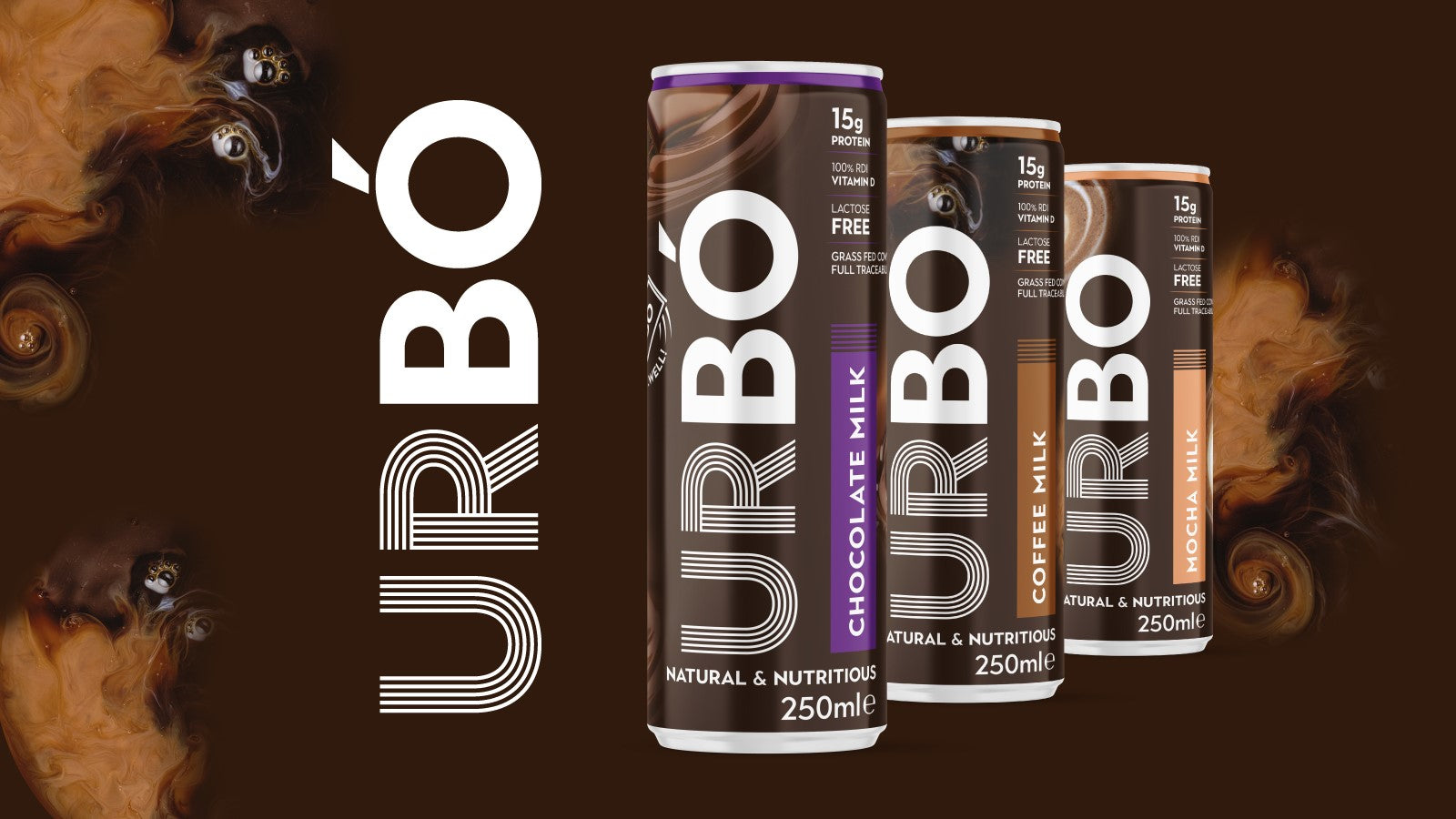 URBÓ milk&#39;s range of protein-enriched flavoured milk, chocolate, coffee and mocha flavours against a swirling brown backdrop.