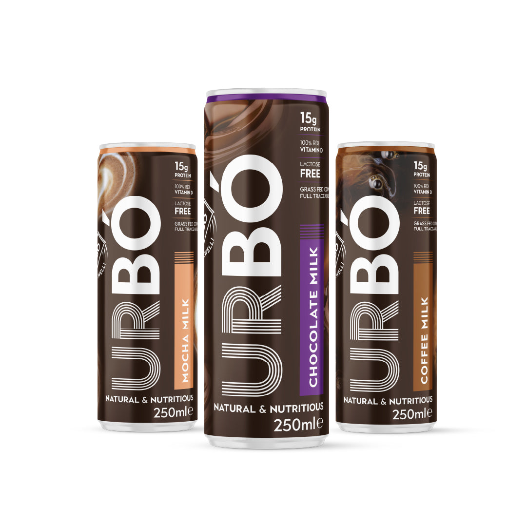 Three cans of URBÓ Protein milk, featuring mocha protein milk, chocolate protein milk, and coffee protein milk flavours, aligned side by side against a white background.