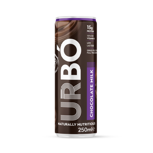 A can of URBÓ Protein milk Chocolate Flavour Ingredients and nutrition information